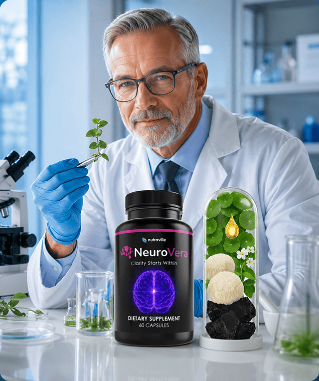 NeuroVera capsule shown alongside its botanical ingredients